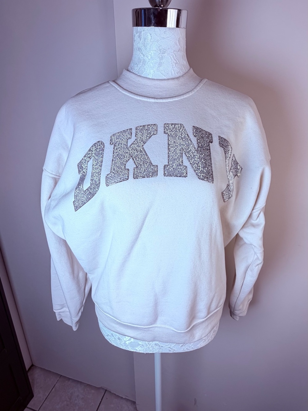 DKNY Cream Sweatshirt with Silver Rhinestone Logo